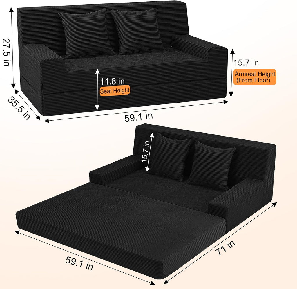 MeMoreCool 59' Loveseat Boneless Couch — Convertible Futon Sofa Bed, Corduroy Foldable 2-in-1 Floor Sleeper for Small Living Room, Apartment, Guest Room, High-Density Foam Support & Washable Cover