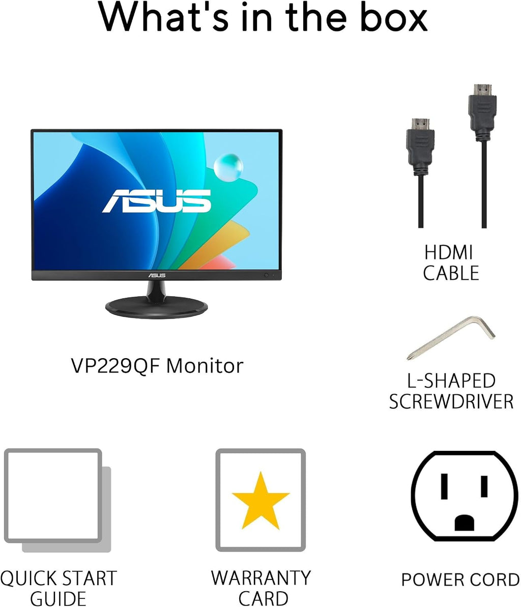 ASUS 22' Eye Care Monitor (VP229QF) – 100Hz, IPS, Full HD, 99% sRGB, Frameless, Adaptive-Sync, DisplayPort, HDMI, Low Blue Light, Flicker Free, Wall Mountable, 3 yr Warranty