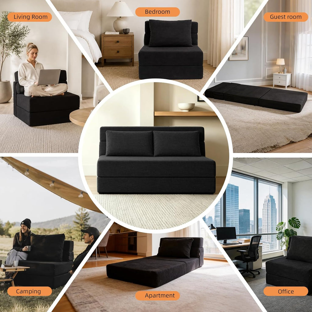 Folding Sofa Bed,Convertible Sleeper Chair with Pillow, Loveseat Fold Out Chair Bed, Memory Foam Floor Couch Mattress, Foldable Futon Couch Lounge for Living Room (Black-Corduroy, Twin)