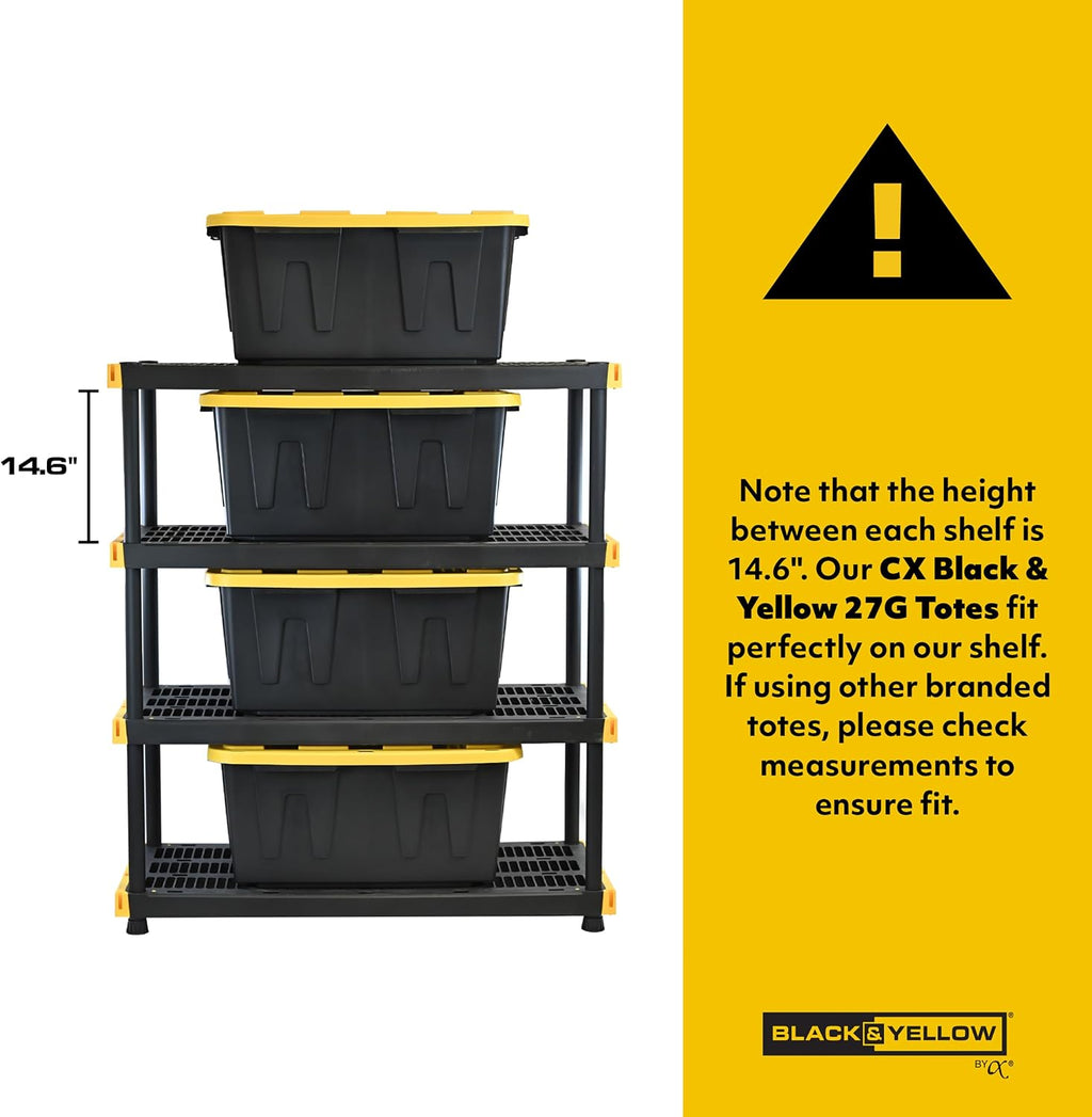 CX Black & Yellow 4-Tier Heavy Duty Storage Shelves and 8 Heavy Duty Storage Bins with Lids, 4 Shelves that Support up to 200lbs/shelf + 27 Gallon Containers (8-Pack), Organization and Storage