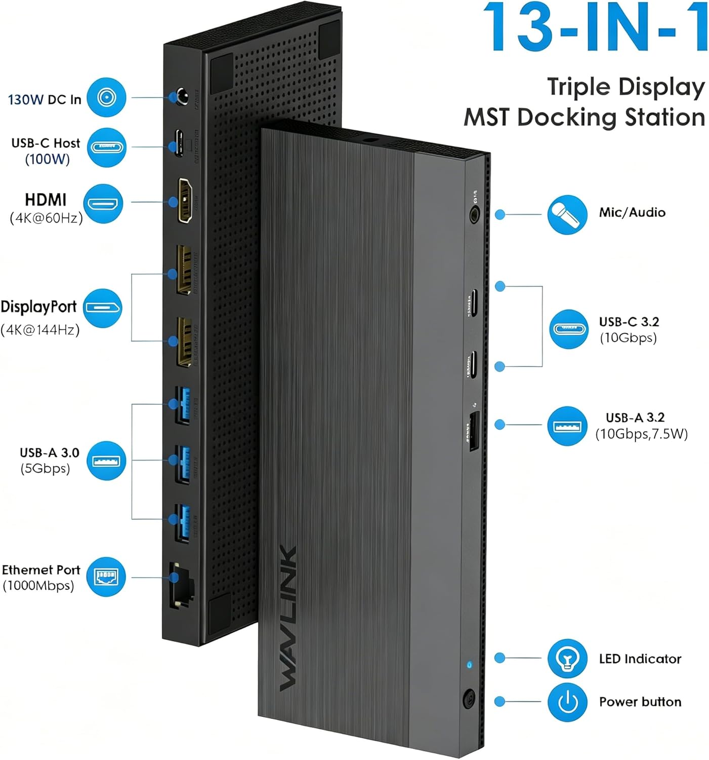 Laptop Docking Station, Docking Station 3 Monitors with 2* DP+HDMI, 4K@144Hz,130W PD Charger, USB-C/A 10Gb, 3* USB-A 5Gb, Audio, Gigabit Ethernet for Lenovo HP Dell, Windows System Computer