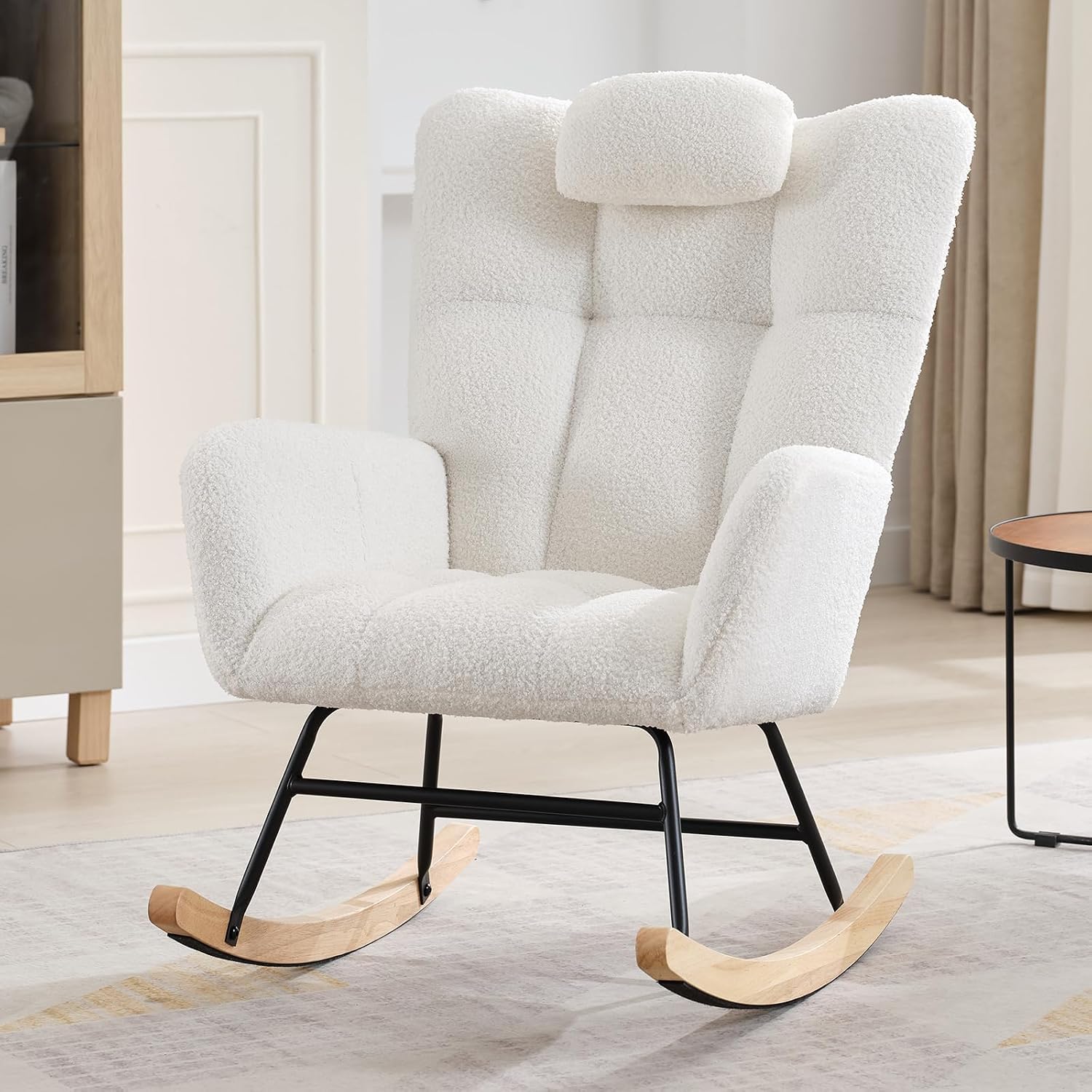 300lb Capacity Nursery Glider Rocker,Teddy Upholstered with Wood Legs for Living Room,Bedroom Nursery Includes Side Pockets