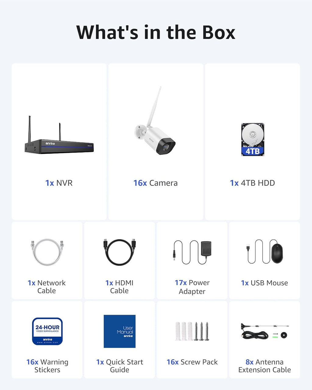 ANNKE Wireless Camera for Indoor/Outdoor 16 Pcs, 16CH 4K NVR Kit Expandable, Security Camera System, 4TB HDD, 100ft Color Night Vision, AI Human Detection, IP66, 2-Way Audio, Plug-and-Play