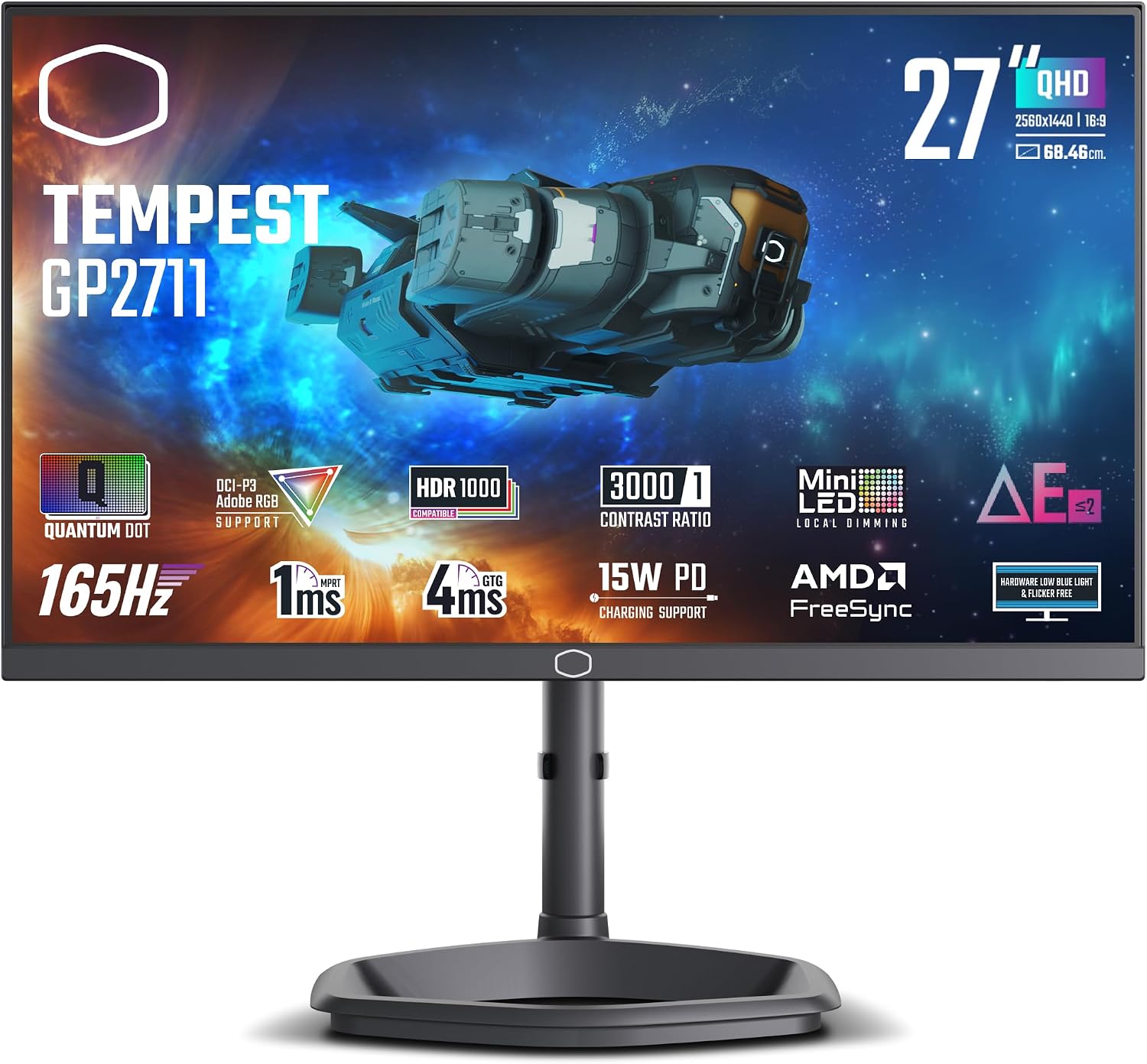 Cooler Master Tempest GP2711 27' 2K 165Hz Mini LED VA Quantum Dot QHD 2560 x 1440 PC Monitor, HDR1000, 4ms (GtG)|1ms (MPRT), DCR, FreeSync Premium, DP1.4 * 1, HDMI2.0 * 2, USB C*1, KVM