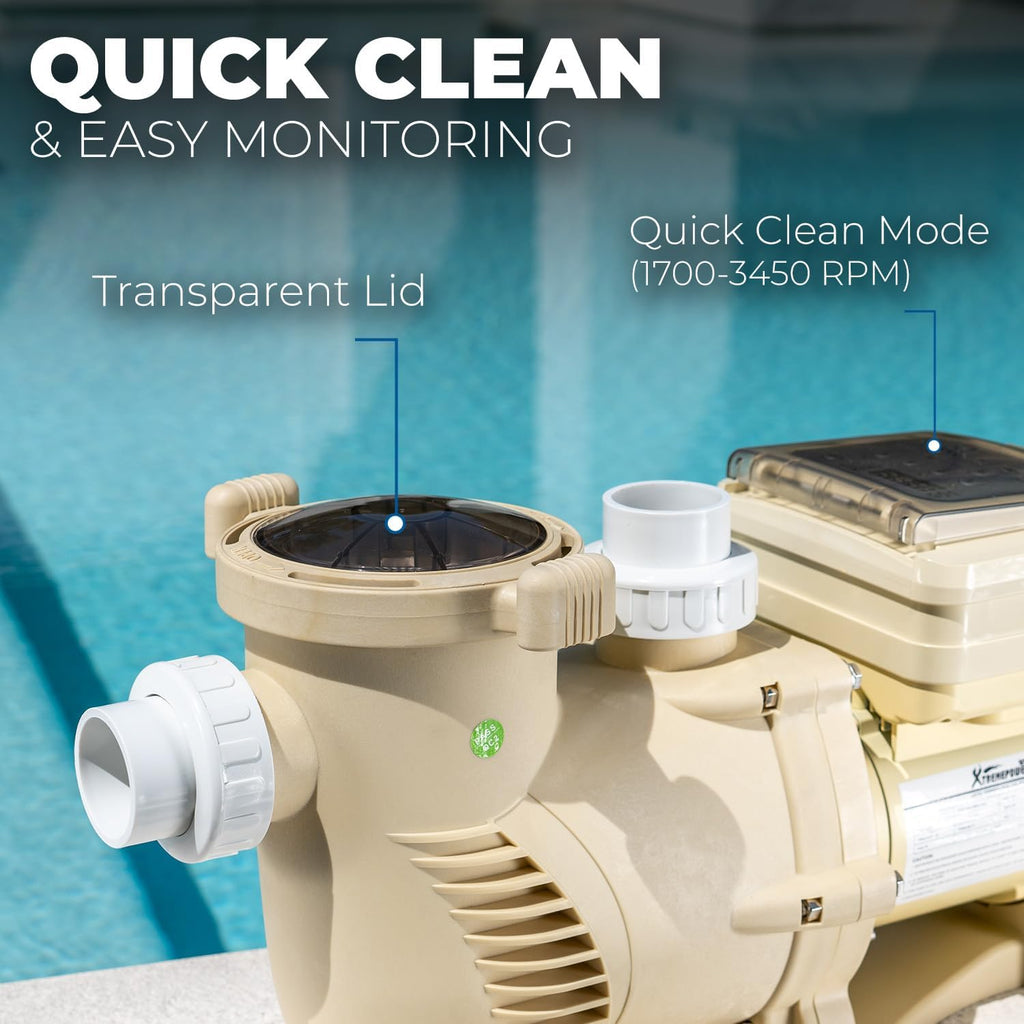 XtremepowerUS 2HP SuperFlow Variable Speed Swimming Pool Pump 230V, InGround 7,860 GPH 1.5' 2' Fitting Adapter, Self Priming Compatible EC-342001 Max 2.2HP