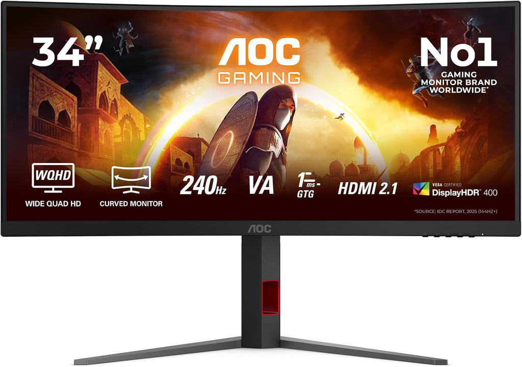 AOC Gaming CU34G4Z - 34 inch WQHD Curved Monitor, 240 Hz, FreeSync Prem., HDR400 (3440 x 1440, 1ms GtG, 2X HDMI 2.1, 1x DisplayPort 1.4, USB Hub) Black-Red
