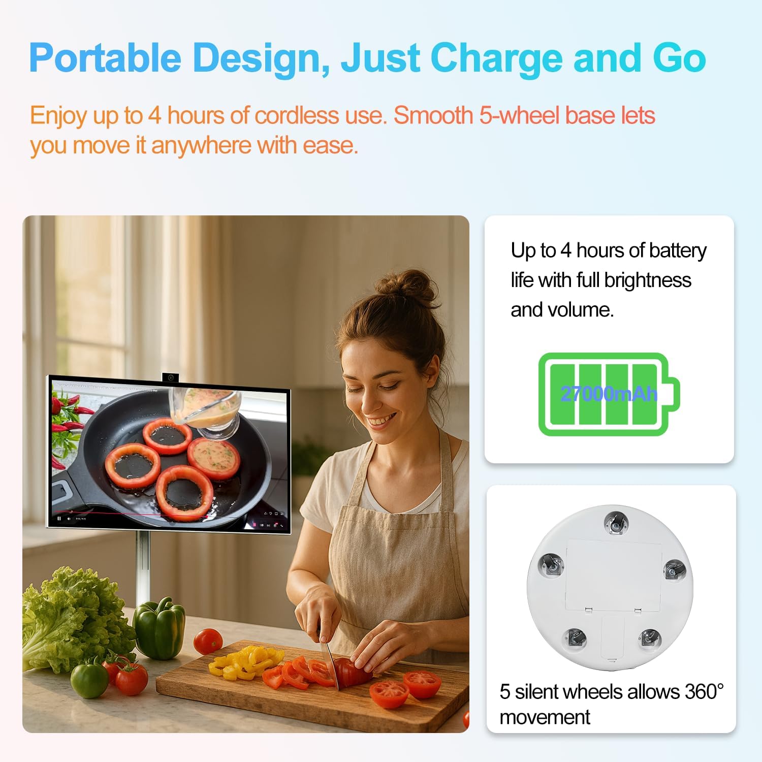VLH 27 Inch Smart Portable TV, FHD Touch Screen Monitor on Wheels, Android 15, 6GB +128GB, Wireless Movable Display, EDLA-Certified, 13MP Camera, Speaker, 8 Hour Battery, HDMI, Voice Remote Control