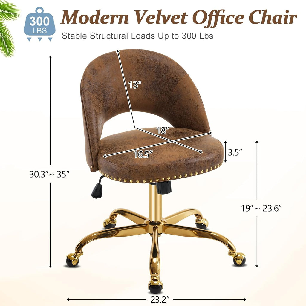 VINGLI Modern Velvet Small Office Chair,Cute Desk Chair with Wheels,Gold Base/Studs, Comfy Armless Swivel Vanity Task Chair for Women/Girl/Kids, Nail Tech Chair for Bedroom,Small Space,Rustic