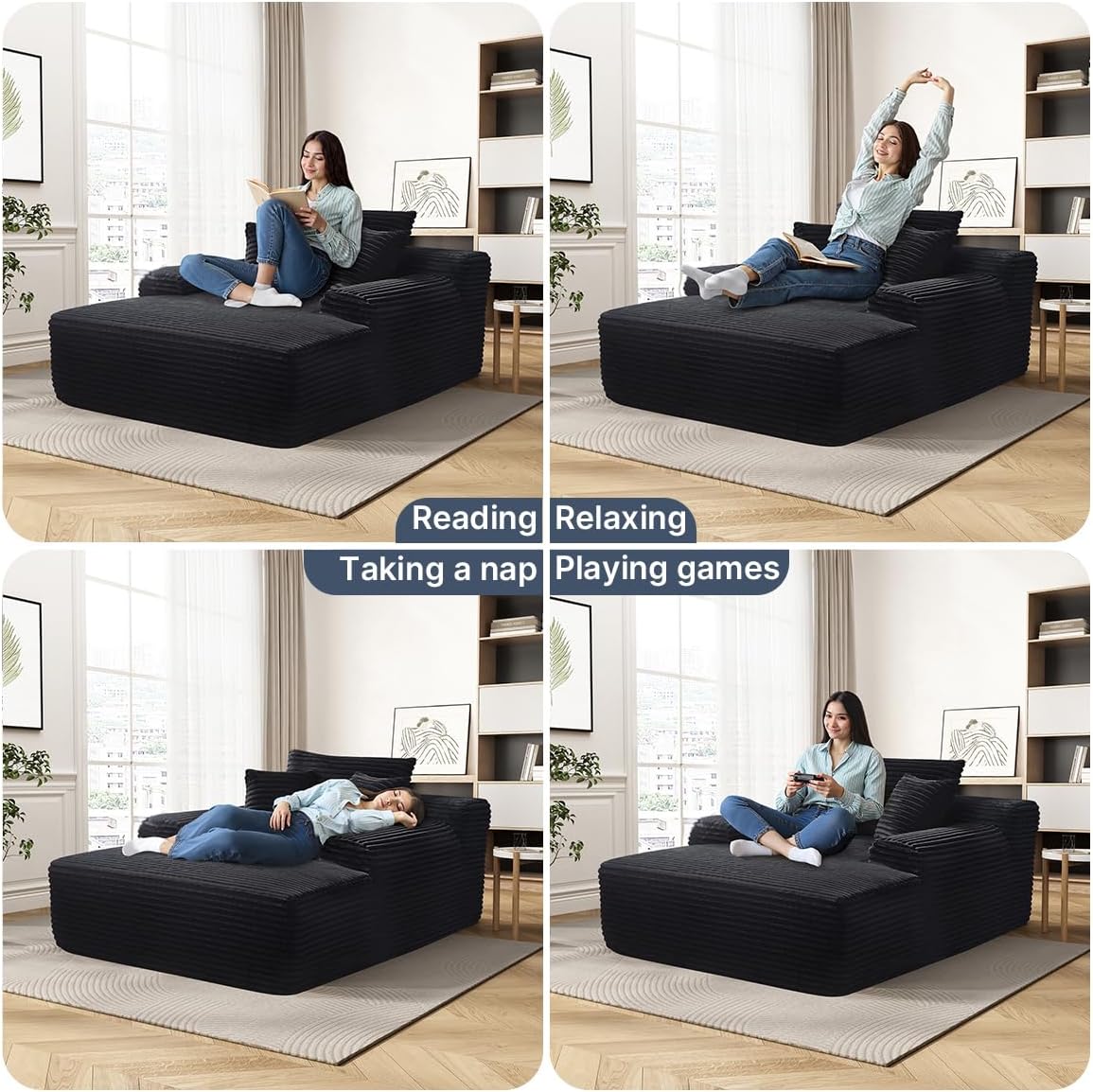 65'' Chaise Lounge Chair Indoor, Black Corduroy Sofa Bed, Boneless Lounge Chair, Oversized Sleeper Sofa, Black Corduroy Cloud Couch Reading Chair for Living Room No Assembly