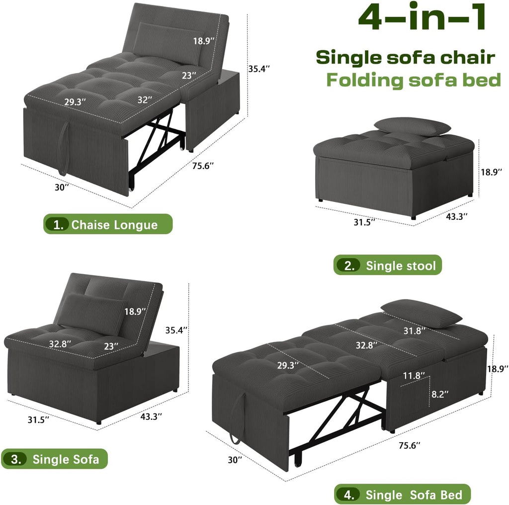 4-in-1 Convertible Sleeper Chair Bed with Adjustable Backrest Pillows Futon Sofa Bed with Side Pocket Sleeper Sofa Chair Pull Out Couches for Living Room Small Space, Charcoal