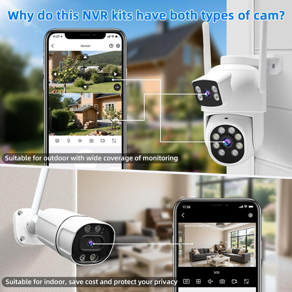 Wireless Security Camera NVR System, 2 Bullet Cam + 2 Dome Cam, 6 Screen Max. up to 16CH, 2K HD 3MP View, Dual-Band WiFi Connection, Smart Color Night Vision, 1TB HDD Local Storage