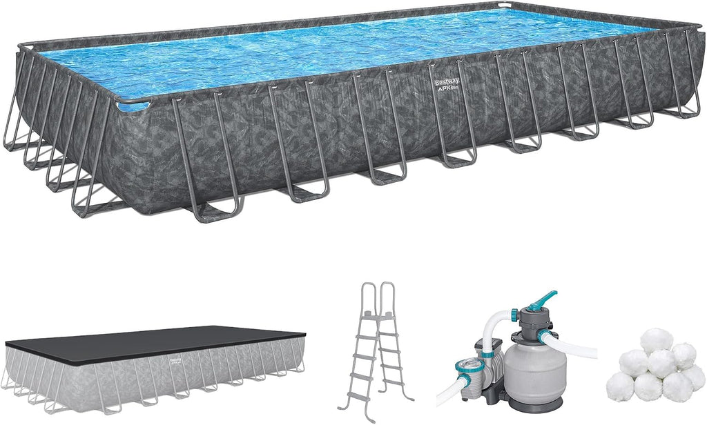 Bestway APX 365 31'4' x 16' x 52' Above Ground Pool, Rectangular Metal Frame Outdoor Swimming Pool Set with Sand Filter Pump, Ladder, and Cover, Dark Marble