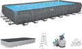 Bestway APX 365 31'4' x 16' x 52' Above Ground Pool, Rectangular Metal Frame Outdoor Swimming Pool Set with Sand Filter Pump, Ladder, and Cover, Dark Marble