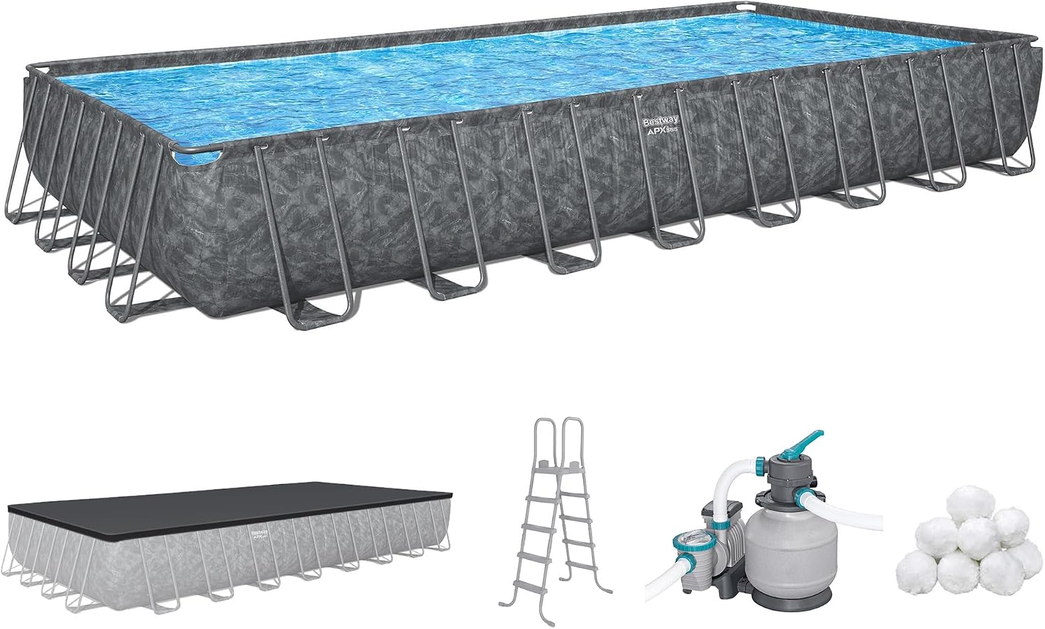 Bestway APX 365 31'4' x 16' x 52' Above Ground Pool, Rectangular Metal Frame Outdoor Swimming Pool Set with Sand Filter Pump, Ladder, and Cover, Dark Marble