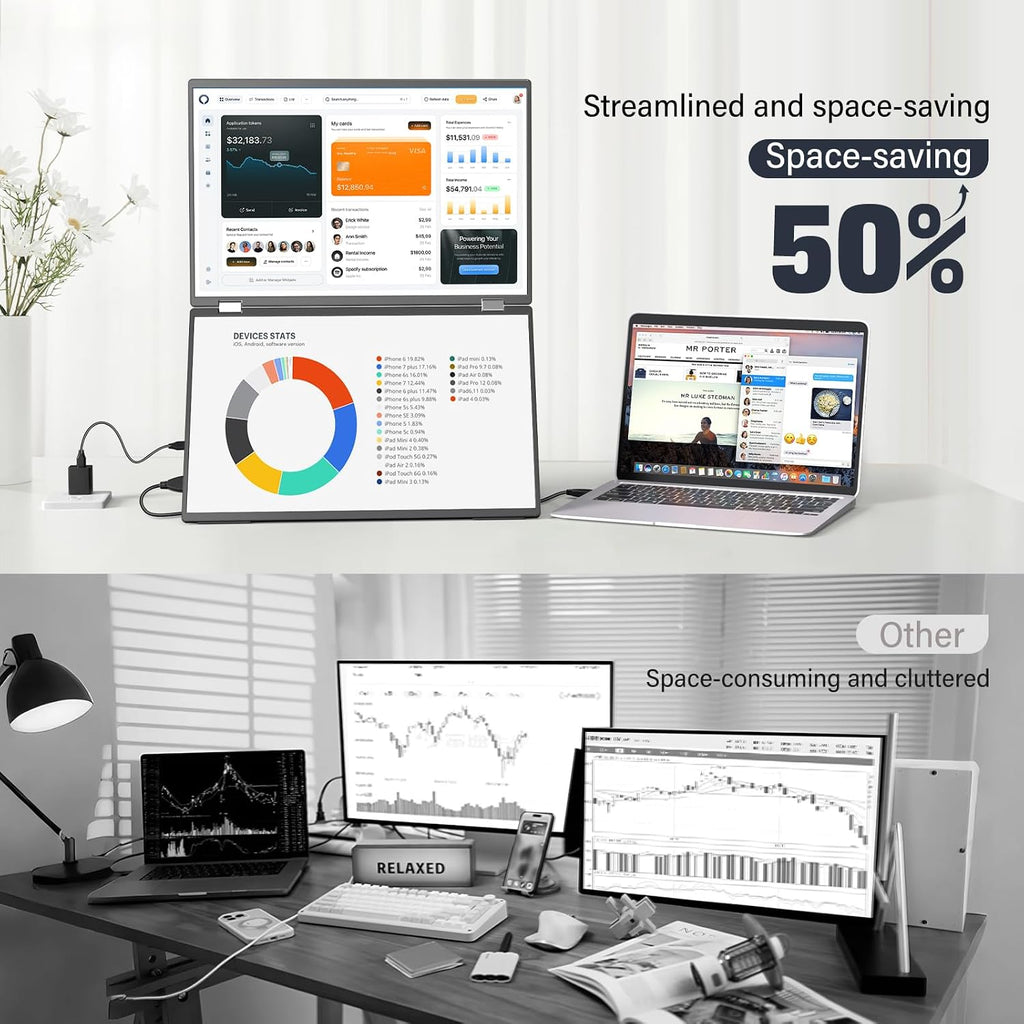 InnoView 18.5' Dual Portable Monitor 100Hz 2K 2560x1600P 100% sRGB Foldable & Stackable Design with 315° Screen Adjustment | DP/USB-C/HDMI, Second Monitor for Laptop, Mac, Windows