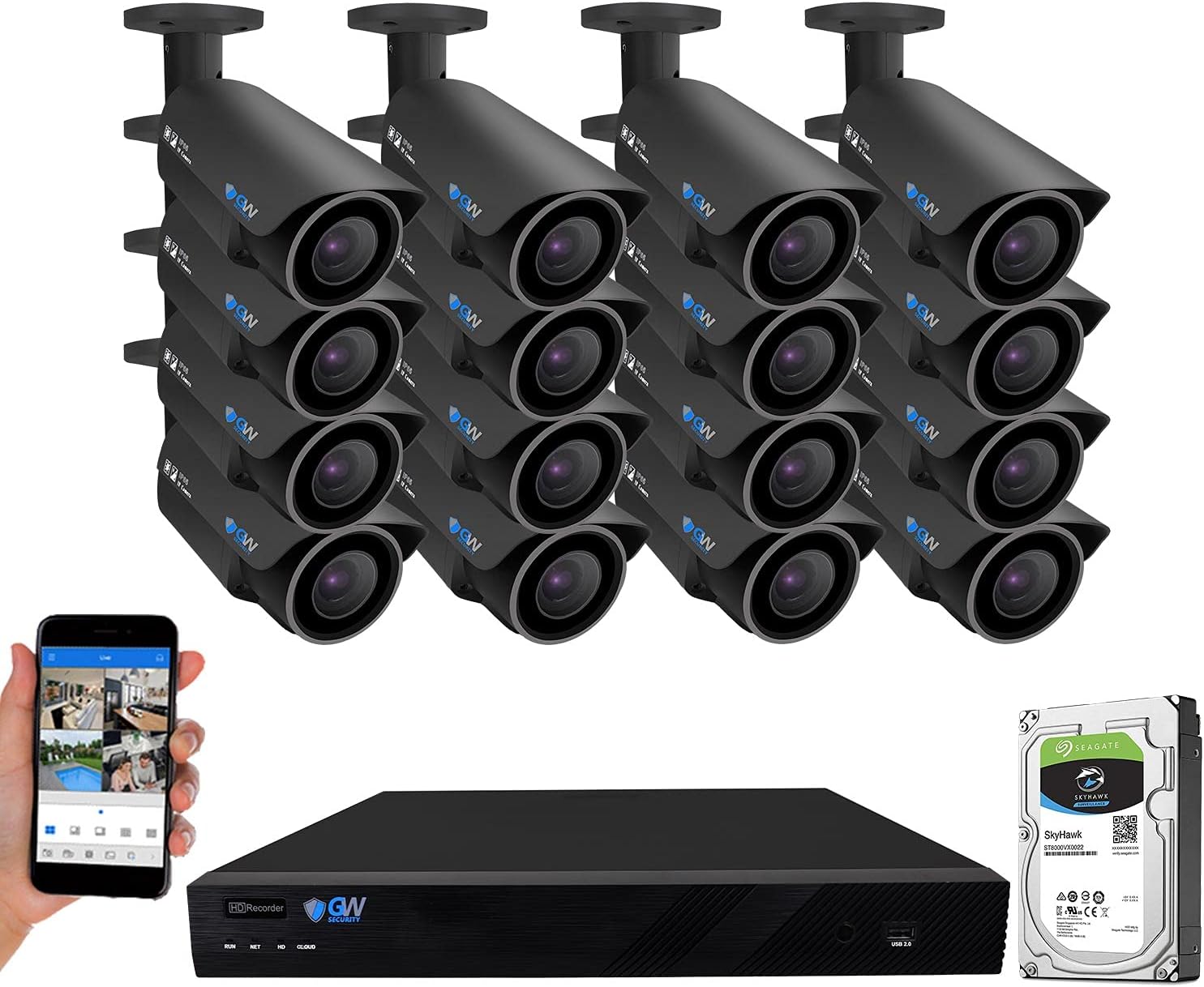 GW Security 16 Channel 4K 8MP Network NVR HD 5MP IP Security Camera System with 16 x 1920P Outdoor 2.8-12 mm 4X Optical Motorized Zoom PoE Bullet Cameras and Pre-installed 4TB HDD