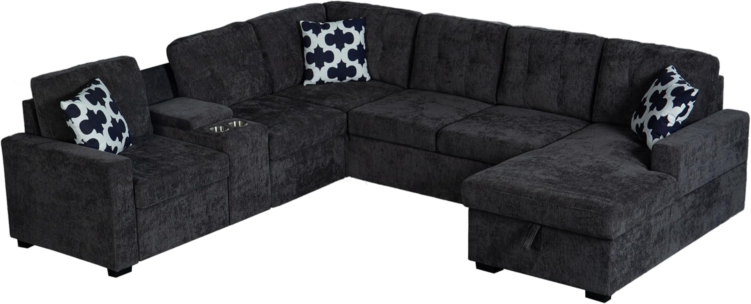 Ball & Cast L-Shape Convertible Sectional Sleeper Sofa Bed 2 in 1 Pull Out Couch with Storage Chaise & Cup Holders,6 Seat Chenille Upholstered Reversible Sleeper Corner Couch for Living Room,Dark Gray