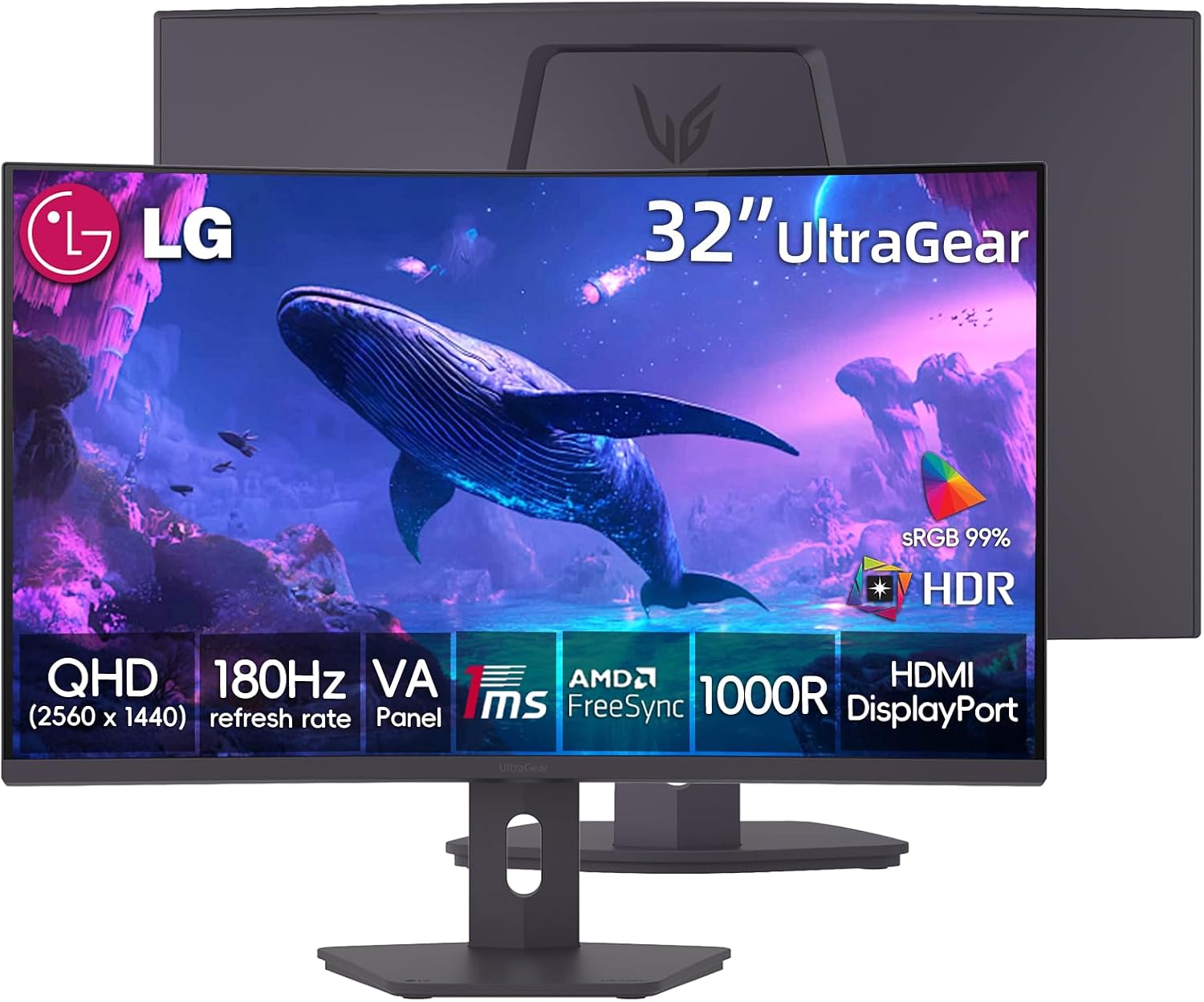 LG 32' Ultragear Curved Gaming Monitor, QHD, VA Panel, 180Hz, 1ms GtG, AMD FreeSync Compatible, HDR10, sRGB 99% Color, HDMI, DisplayPort, Height/Tilt/Swivel Adjustable Stand, Black