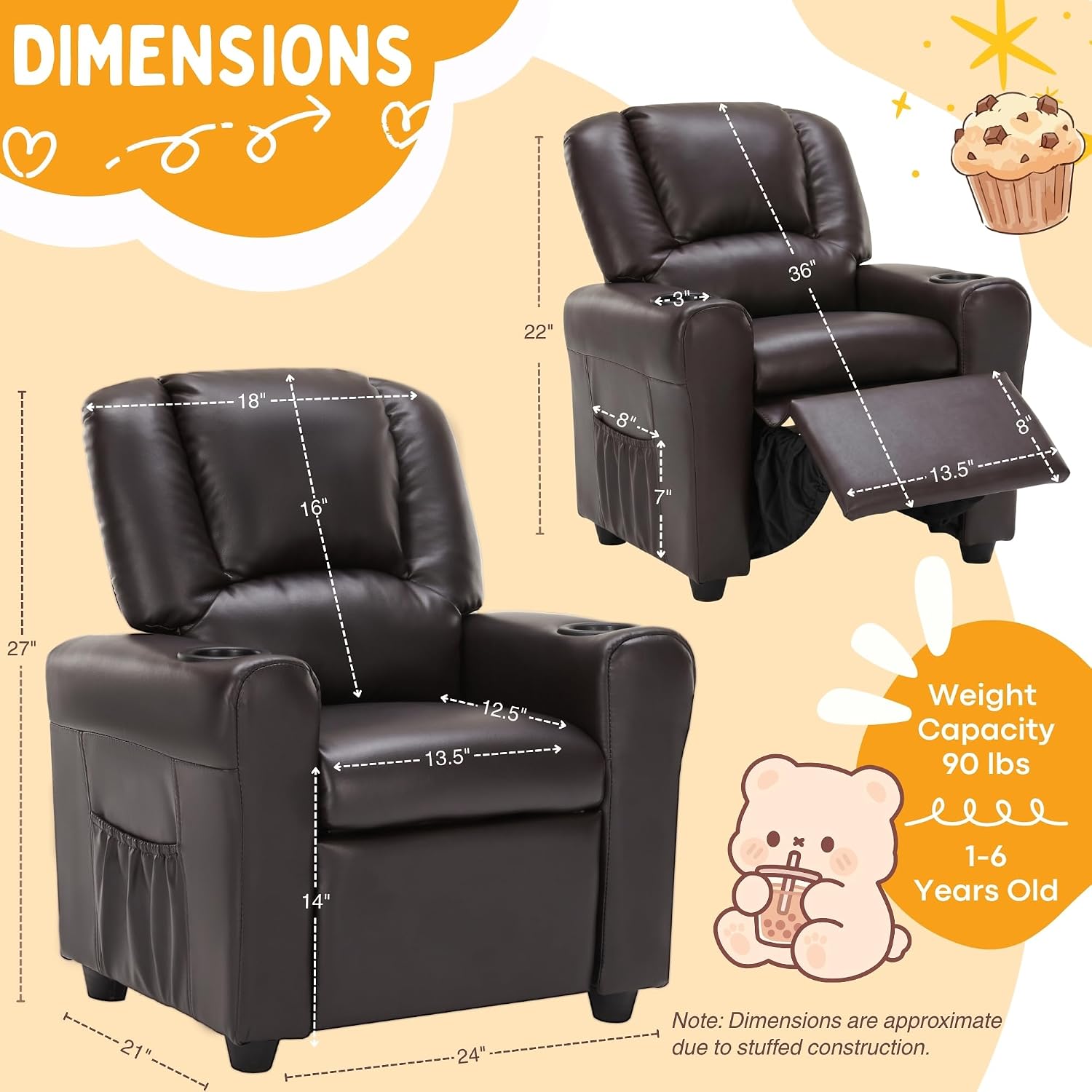 Candy Kids Reclining Chair Leather Recliner Sofa Push Back Toddler Youth Children Child Ages 1-6