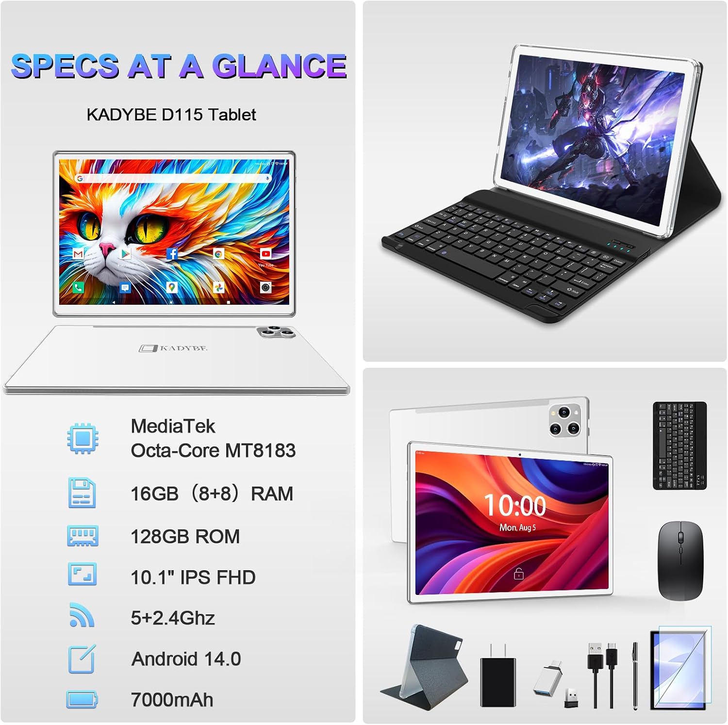 2026 Latest Tablet Android 14 Tablets 10 Inch, Tablets 128GB ROM+16GB RAM (8+8 Virtual), 2 In 1 Tablet with keyboard, Powerful Octa-Core+13MP Camera, 1TB TF Expandable, FHD IPS Display WiFi Tableta PC