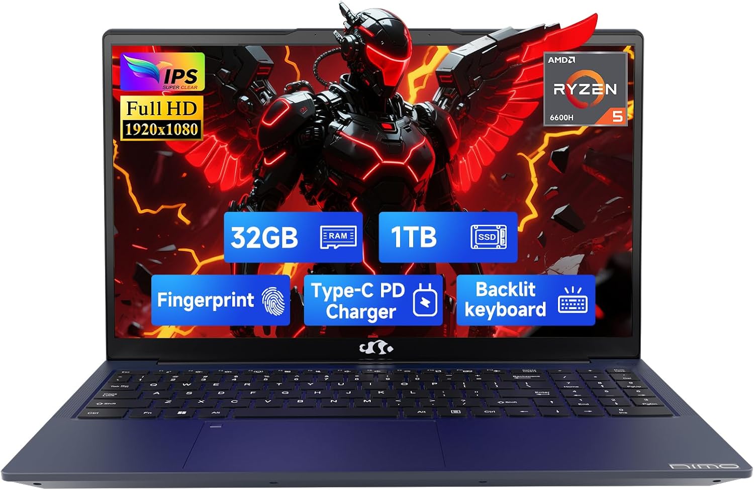 NIMO 15.6' IPS FHD-Gaming-Laptop, AMD Ryzen 5 6600H 6-Cores 660M GPU 32GB DDR5 RAM 1TB SSD(Beat i7-1165G7, Up to 4.5GHz) Computer with 100W GaN Type C Fingerprint Backlit Keyboard Win 11