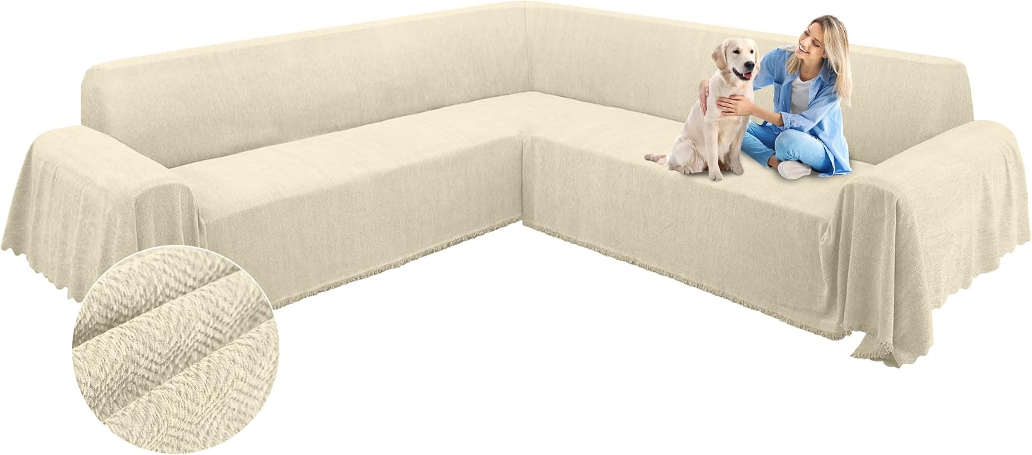 ALIECOM Corner Sectional Couch Covers L Shape Sofa Cover with Tassel Chenille Soft Thick U Shaped Sectional Slipcovers Washable Furniture Protector for Pets Dogs Cats (Beige, 91x251 Inch)