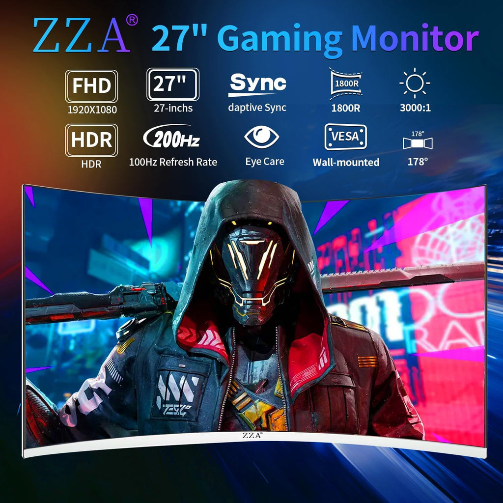 ZZA 27' Curved Gaming Monitor, Full HD(1920x1080P) VA Panel 1800R Computer Monitor,200HZ CP Screen,100% sRGB,3Sides Frameless, Flicker-Less,Blue Light Filter, for Office & Gaming