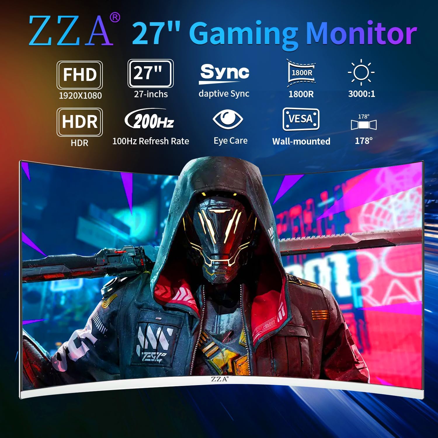 ZZA 27' Curved Gaming Monitor, Full HD(1920x1080P) VA Panel 1800R Computer Monitor,200HZ CP Screen,100% sRGB,3Sides Frameless, Flicker-Less,Blue Light Filter, for Office & Gaming