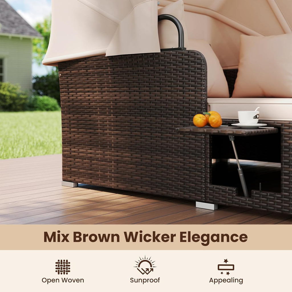 Tangkula Patio Rattan Daybed with Retractable Canopy, Outdoor Wicker Sunbed with 2 Foldable Side Tables, Thick Seat & Back Cushions, Outside Double Daybed for Garden, Backyard, Porch, Beige & Brown