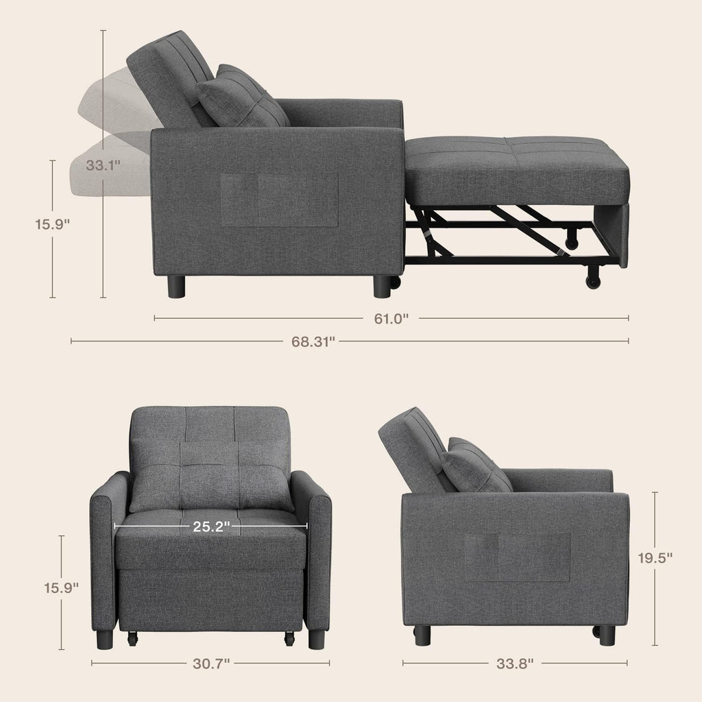 Aiho Sleeper Sofa Chair with Bed, 3-in-1 Convertible Sofa Bed in Modern Linen Fabric for Apartment Living Room Study, Dark Gray