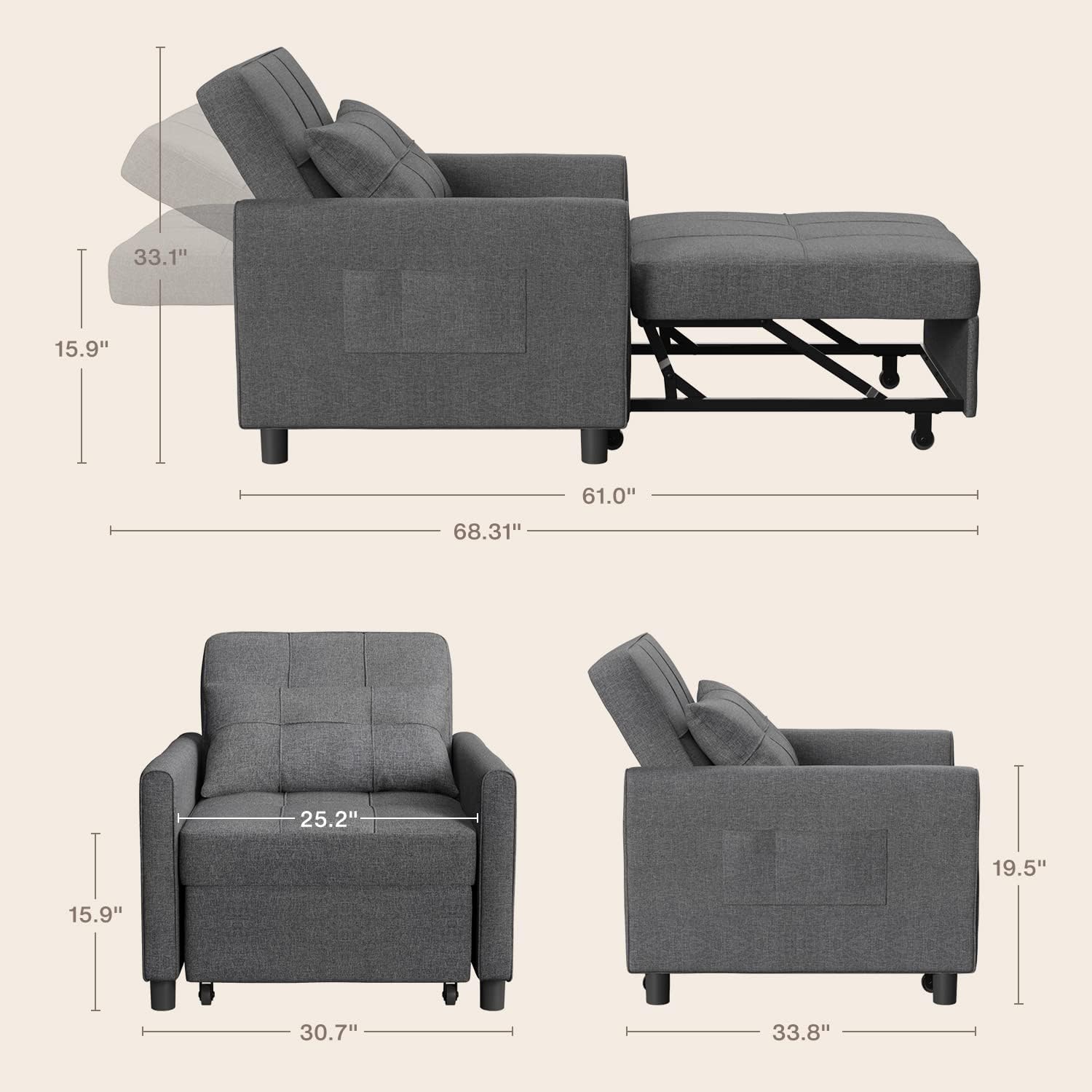 Aiho Sleeper Sofa Chair with Bed, 3-in-1 Convertible Sofa Bed in Modern Linen Fabric for Apartment Living Room Study, Dark Gray