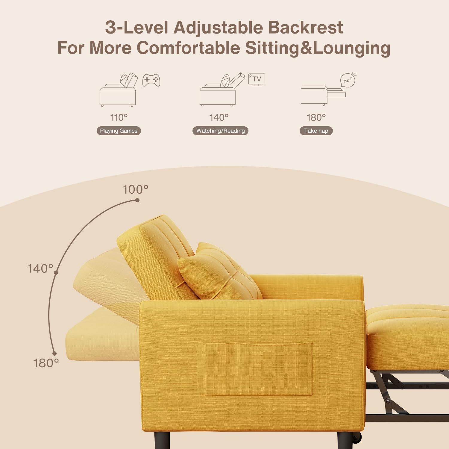 Aiho Convertible Sleeper Sofa Chair Bed, 3-in-1 Adjustable with Pillow & Pocket - Multi-Functional in Modern Linen Fabric for Apartment, Yellow