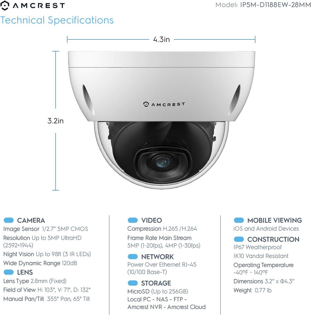Amcrest 5MP Security Camera System, 4K 8CH PoE NVR, (4) x 5-Megapixel 2.8mm Wide Lens Weatherproof Metal Vandal Dome PoE IP Cameras, Pre-Installed 2TB Hard Drive, NV4108E-IP5M-D1188EW4-2TB (White)