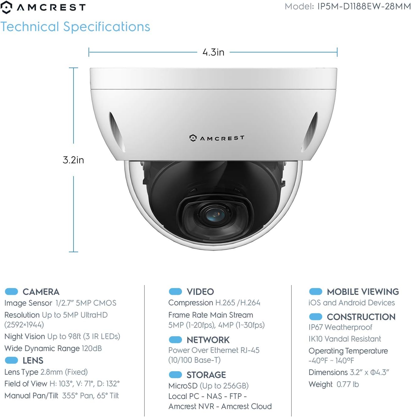 Amcrest 5MP Security Camera System, 4K 8CH PoE NVR, (4) x 5-Megapixel 2.8mm Wide Lens Weatherproof Metal Vandal Dome PoE IP Cameras, Pre-Installed 2TB Hard Drive, NV4108E-IP5M-D1188EW4-2TB (White)