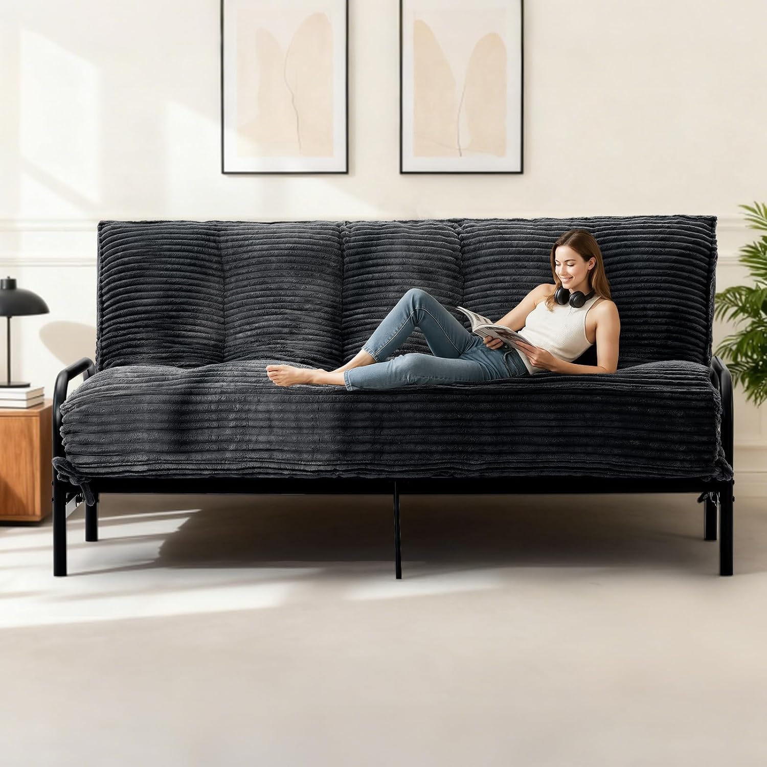 10 Inch Thick Futon Mattress, Shredded High Density Foam Floor Mattress, Portable Foldable Sleeping Mattress, Corduroy Lounger Bed for Guest Room Dorm Apartment Camping Travel