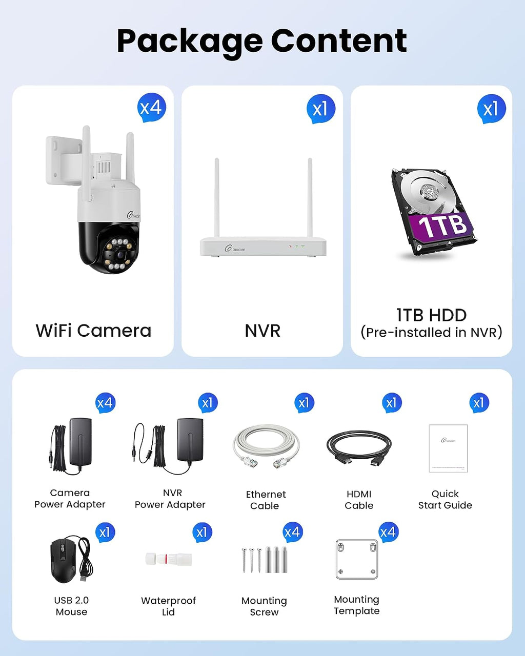 Loocam 4K Wireless Security Camera System Wi-Fi 6, Color Night Vision, 355° Pan 95° Tilt, Light & Siren Alarm, Human Vehicle Detection, Two-Way Audio Cameras for Home Security, 8CH NVR 1TB HDD