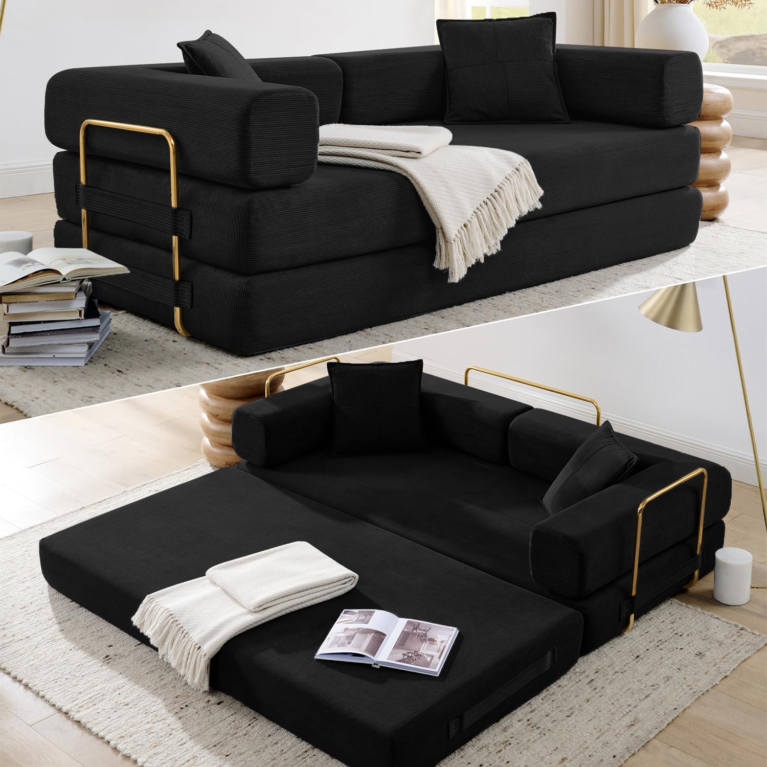 HANXIN 78 Inch Convertible Sleeper Sofa Bed, Folding Floor Mattress Couch with Fixed-Shape Frame, Futon Boneless Couch Lounge Loveseat with Pull Out Bed, No Assembly Required (Black)