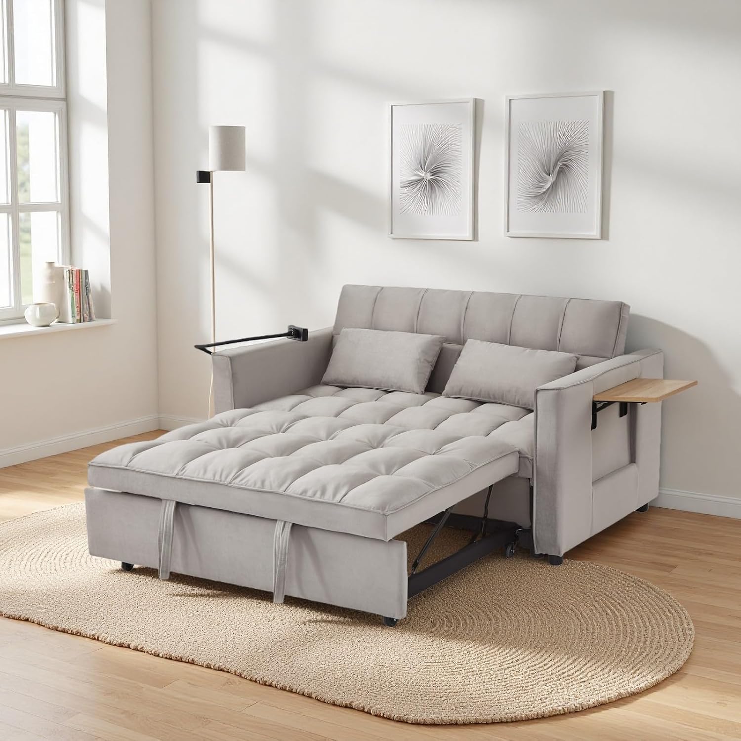 Loveseat Sleeper Sofa, 3 in 1 Convertible Sofa Bed, Adjustable Backrest Comfy Pull Out Couch, Modern Upholstered Sofa for Living Room Bedroom Apartment Small Space (Grey with Side Table)