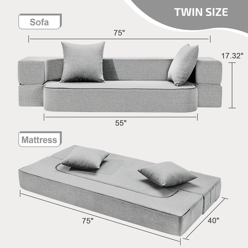 SUYOLS 2-in-1 Folding Sofa Bed with Pillows - Folding Chair Floor Couch & Sleeping Mattress - Washable Cover & Memory Foam Sleeper Chair for Living Room/Guest Room/Apartment/Loft, Light Gray, Twin
