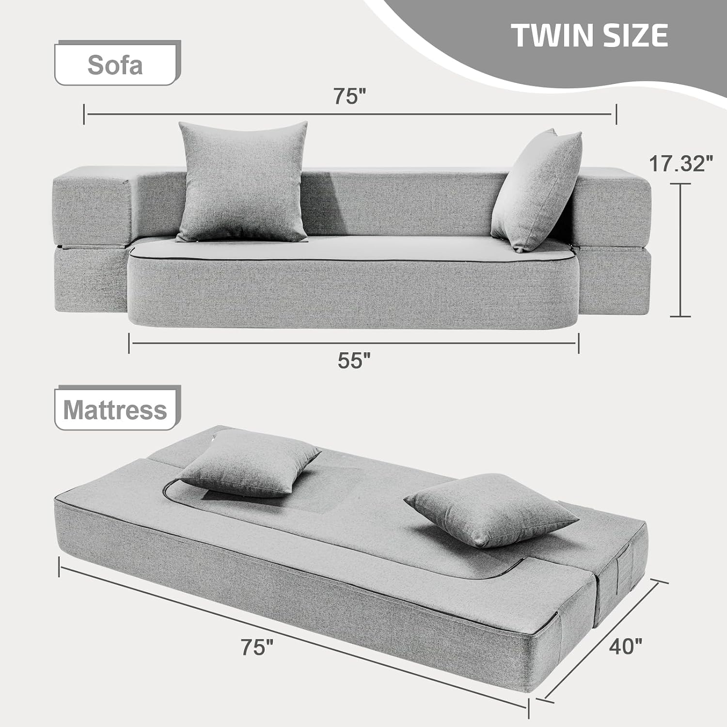 SUYOLS 2-in-1 Folding Sofa Bed with Pillows - Folding Chair Floor Couch & Sleeping Mattress - Washable Cover & Memory Foam Sleeper Chair for Living Room/Guest Room/Apartment/Loft, Light Gray, Twin