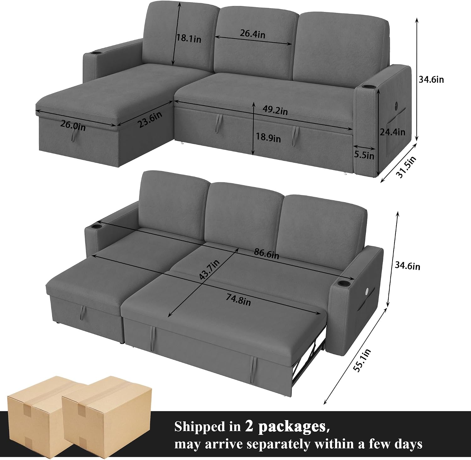 Keyluv 87' Pull Out Sleeper Sofa Bed with Storage Chaise, Reversible 2 in 1 Sectional Sofa Bed with Charging Station and Cup Holder, L-Shaped Sofa Couch for Living Room, Velvet Dark Gray