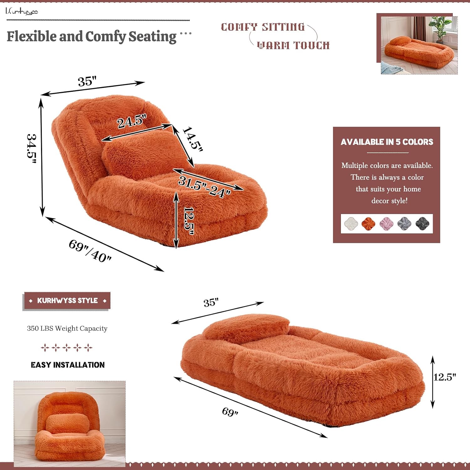 Upholstered Human Dog Bed for Adult & Pets, Convertible Lazy Sofa Bed with 5 Adjustable Position, Comfy Tatami Bean Bag Lounge Chair with a Soft Pillow for Bedroom Living Room (Orange Fluffy)
