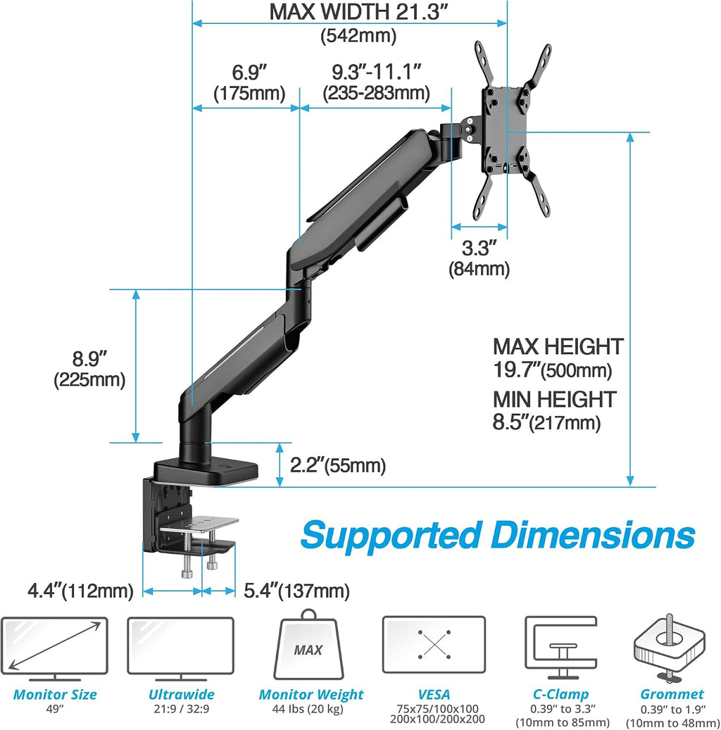AVLT RGB Lights Single 17'-49' Gaming Monitor Arm Desk Mount, Fits One Flat/Curved/Ultrawide Screen up to 44lbs(20kg), Height Swivel Tilt Adjustable Stand - Black