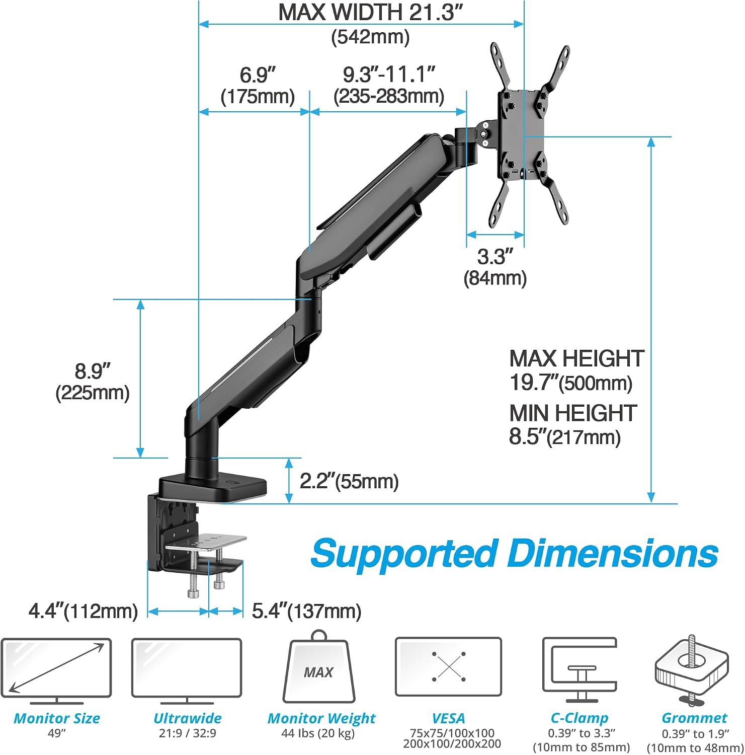 AVLT RGB Lights Single 17'-49' Gaming Monitor Arm Desk Mount, Fits One Flat/Curved/Ultrawide Screen up to 44lbs(20kg), Height Swivel Tilt Adjustable Stand - Black