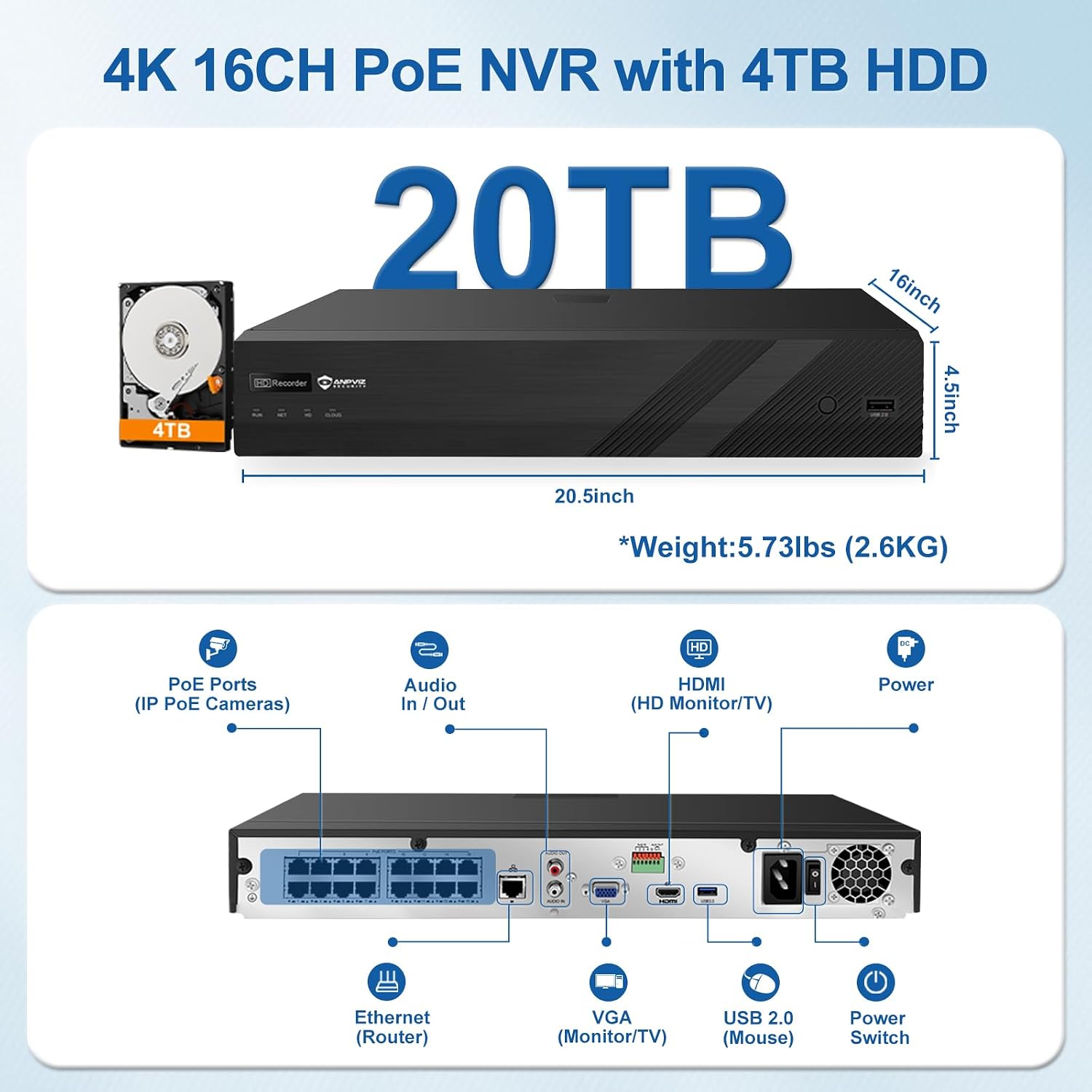 Two Way Audio - Anpviz 16CH 4K PoE Security Camera System, 16PCS 8MP Wired IP Turret Cameras Outdoor, Smart Color Night Vision, Human Vehicle Detection, 12MP PoE NVR with 4TB HDD for 24/7 Recording