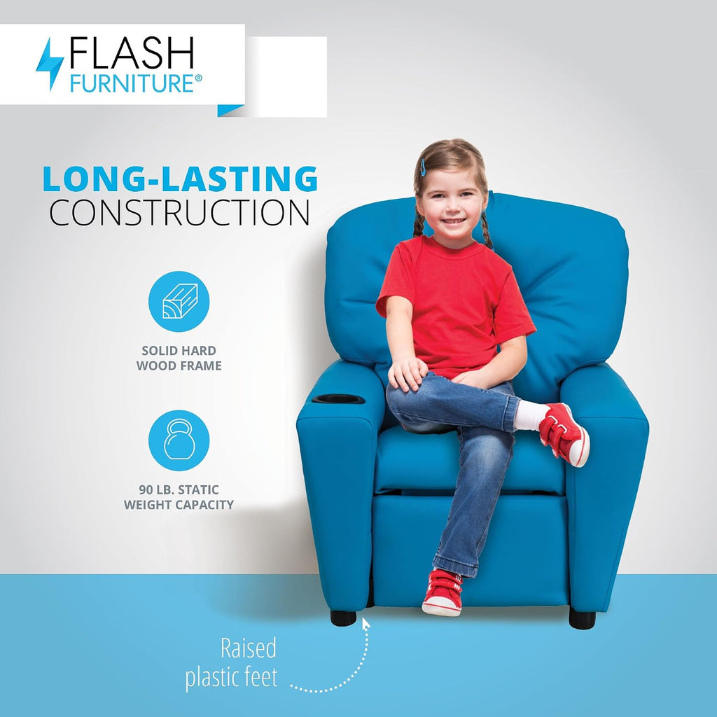 Flash Furniture Chandler Vinyl Kids Recliner with Cup Holder and Safety Recline, Contemporary Reclining Chair for Kids, Supports up to 90 lbs., Turquoise