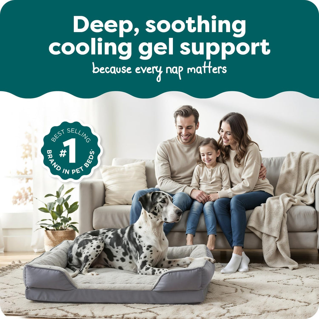 FurHaven Cooling Gel Dog Bed for Large Dogs, Perfect Comfort Sofa Bed with Cool Gel-Top Foam with a Solid Orthopedic Foam Base, Removable Washable Cover, Jumbo Plus XXL, Plush & Velvet, Granite Gray.