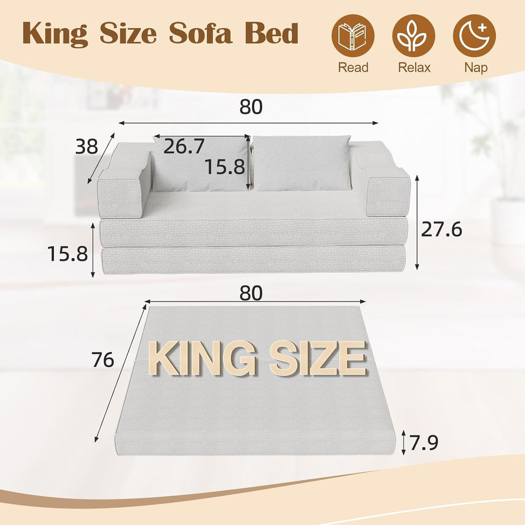 80' Convertible Folding Sofa Bed, 4-in-1 DIY Combination Fold Out Sleeper Sofa Bed King Size, Loveseat sleeper Couch w/ Removable Armrests, Chenille Floor Couch, Small couches for small spaces (Beige)