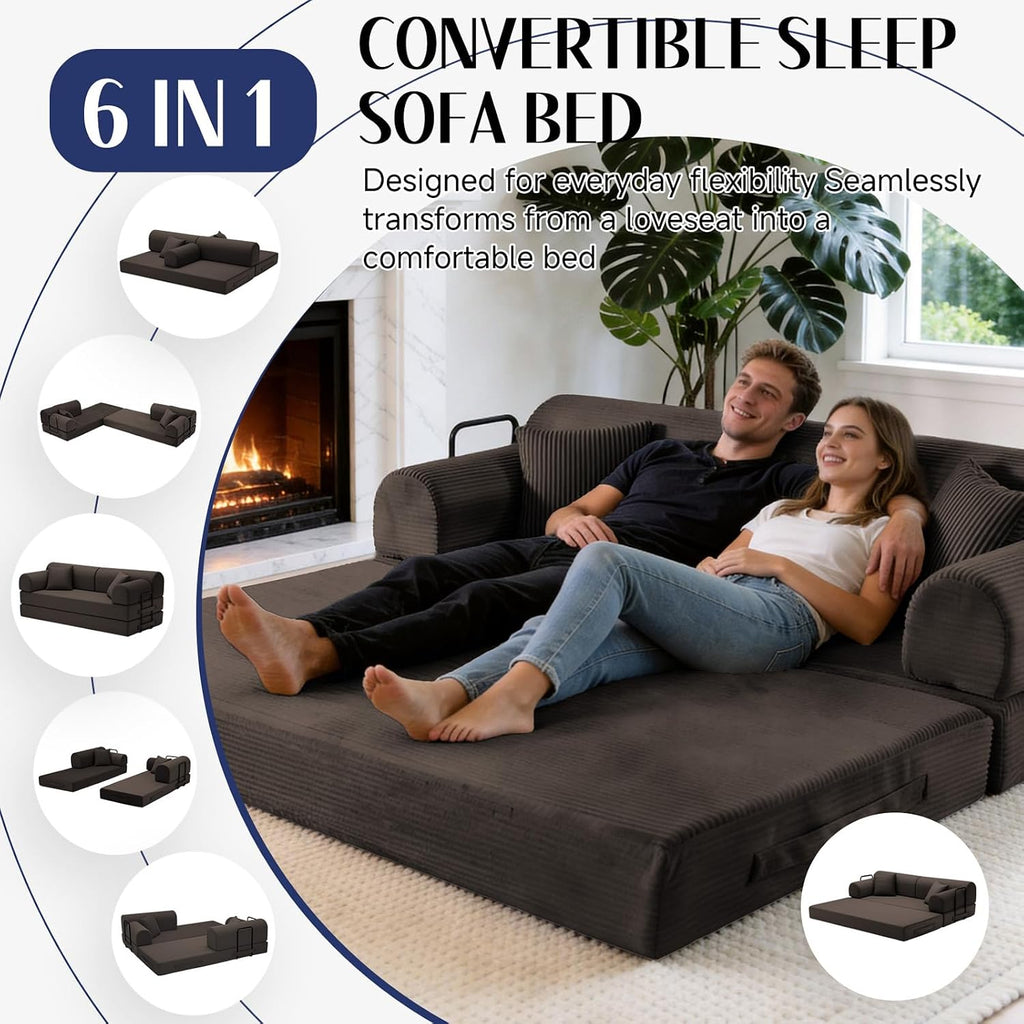 78.8' Convertible Sofa Bed with Detachable Arm Pillow, 6-in-1 Sectional Couches for Living Room, Corduroy Boneless Couch, Sleeper Loveseat Couch Bed, No Assembly, Brown Couch