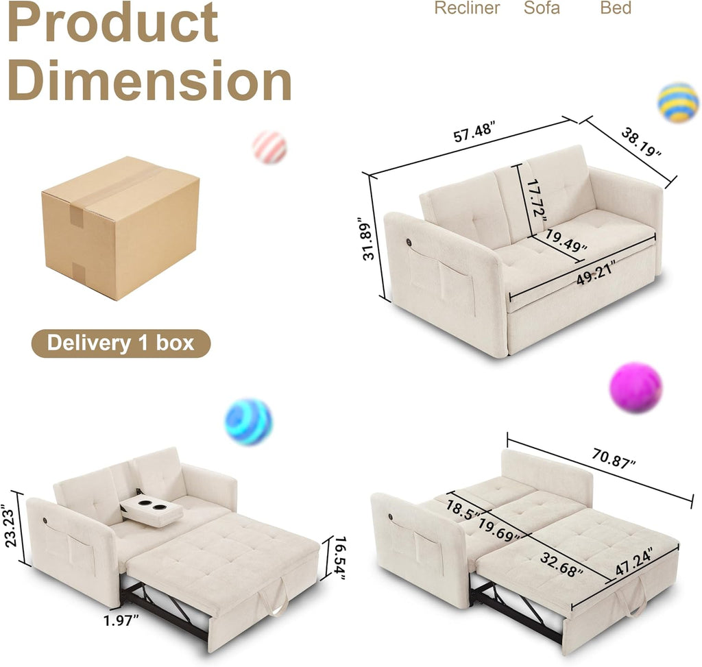 57.48' Convertible Sofa Bed with Cup Holder, Pull Out Sleeper Sofa Bed with USB Charging Ports, 3 in 1 Convertible Sleeper Sofa Bed for Living Room, Apartment, Bedroom, RV, Beige